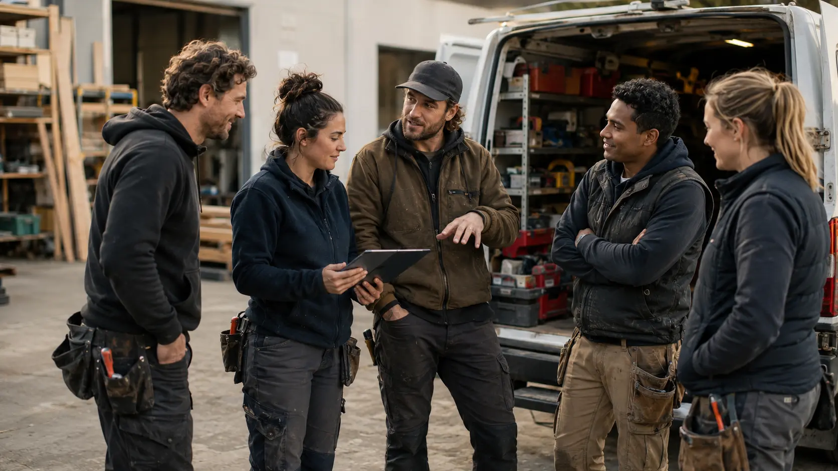 A crew of tradespeople gathered around a tablet beside their work van
